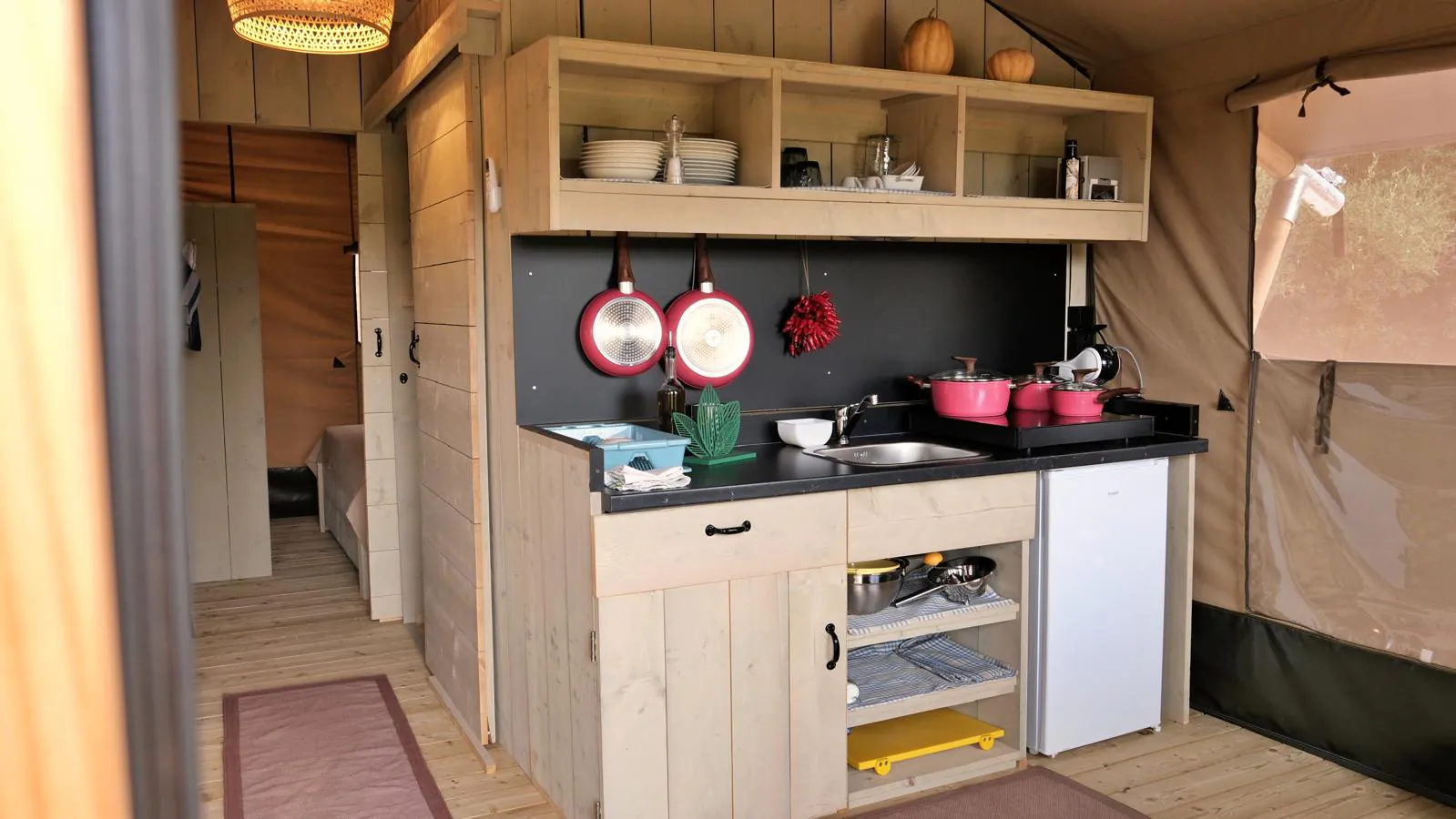 La cucina del lodge con piano cottura, lavabo e stoviglie sui ripiani in legno